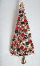 Christmas Tree Brooch Pin Tall Fantastic Red Green Crystal Rhinestones 3 3/8&quot; - £19.97 GBP