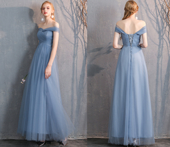 Dusty Blue Bridesmaid Dress Off Shoulder Sweetheart Tulle Empire Dress image 3