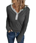 New Womens Casual Long Sleeve Waffle Knit Henley Shirt Button Down V Nec... - $14.80