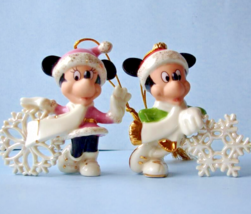 Lenox Disney Mickey &amp; Minnie Mouse Snowflake Ornament 2 PC. Set Gold Trim 4&quot; New - £60.65 GBP