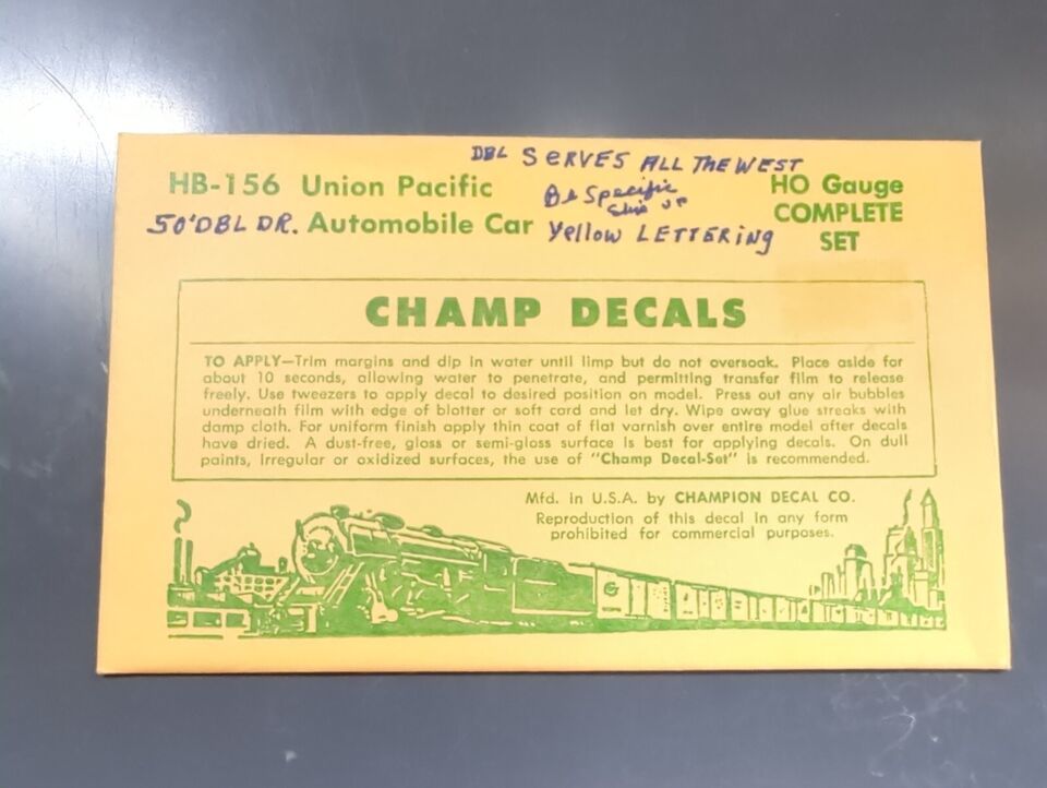 Vintage Champ Decals No. HB-156 Union Pacific Automobile Car HO Set - $14.95
