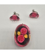 Vintage Lucite Reverse Carved Pink Rose Pendant Screw Back Earring Set Oval - $41.04 CAD