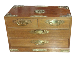 Oriental Style Jewelry Box Treasure Chest Wood &amp; Brass Trim 4 Drawers Lock &amp; Key - £70.78 GBP