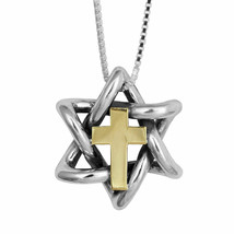 Messianic Talisman Star of David Pendant with Gold Cross 9K Sterling Silver - $202.95