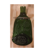 Up-Cycled Moss Green Wine Bottle Cheese Board &amp; Knife Flower Frosted Design - $20.23 CAD