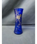Vintage Czech Cobalt Blue 9&quot; Art Glass Vase Sterling Silver Overlay Bird... - $356.73 MXN