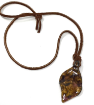 Artisan Made Ceramic Leaf Pendant Necklace with Brown Leather Cord - £11.22 GBP