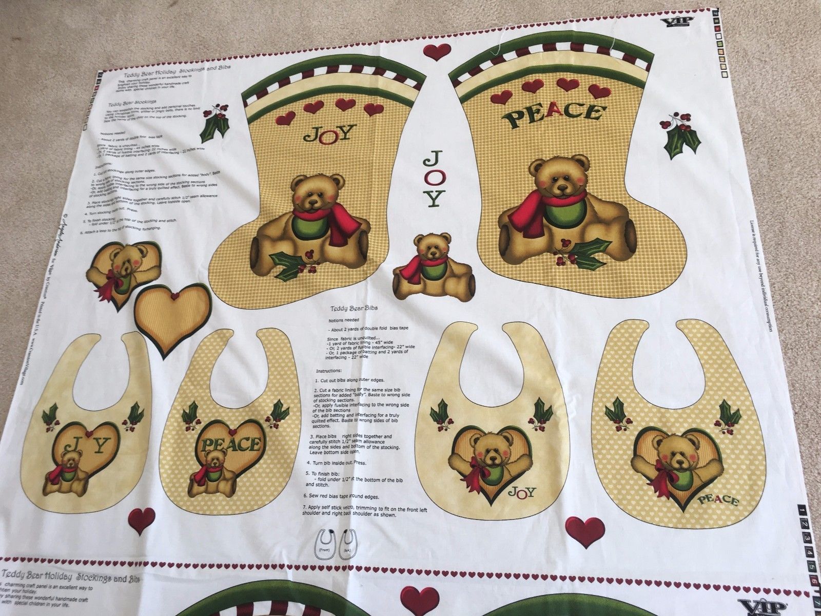 TEDDY BEAR STOCKINGS & BIBS  by ANGELA ANDERSON for VIP CRANSTON -  FABRIC PANEL - $9.36