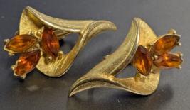 Vintage Coro Signed Clip On Earrings Gold Tone With Amber Rhinestones - $21.77