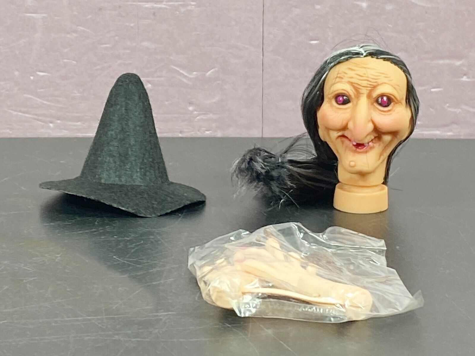 2 Sets Witch Head Hands & Hat Lot Halloween Crafting Vintage Fibre Craft 3” - $22.76