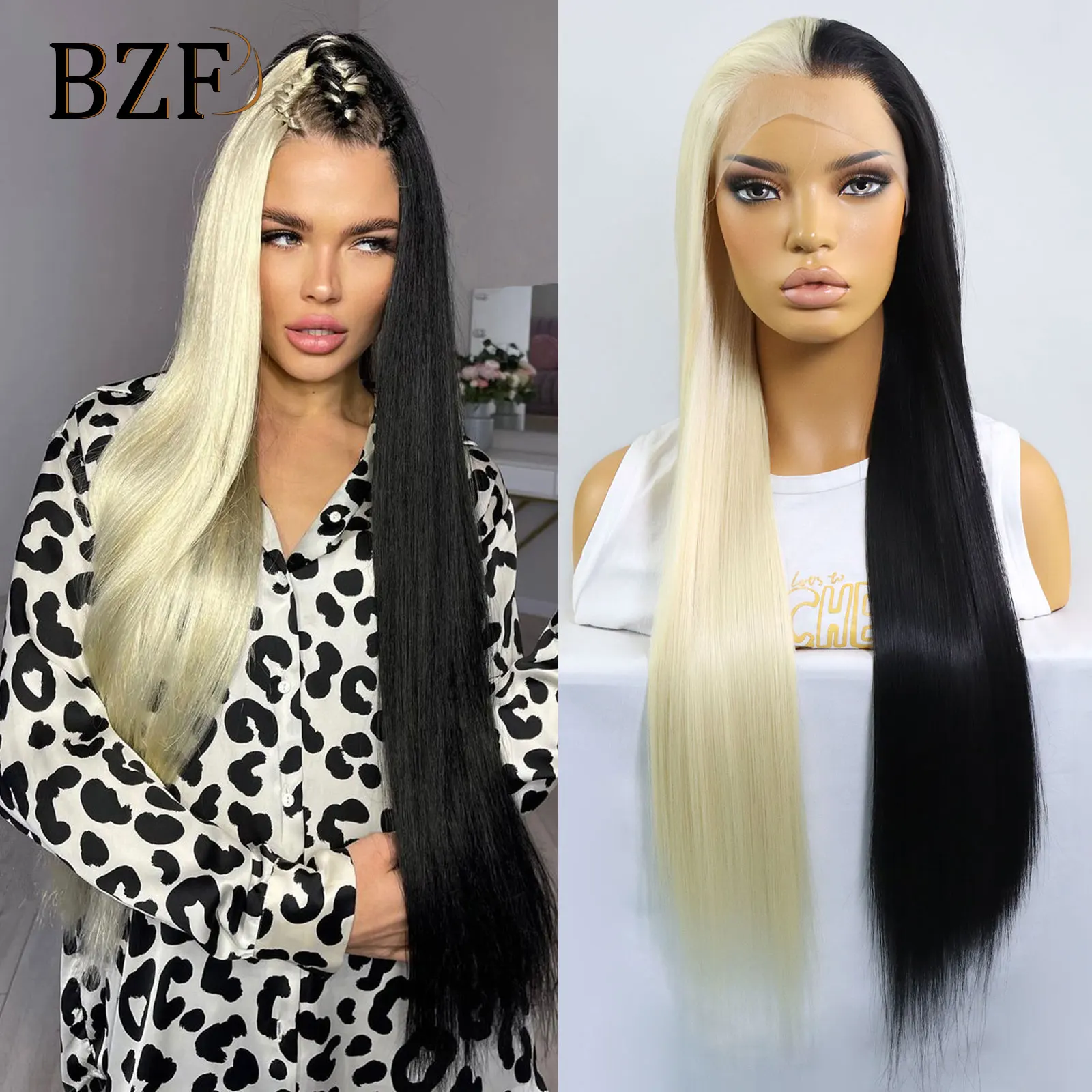 Cosplay Half Black Half Blonde Lace Front Wigs For Women Straight Colore... - £44.35 GBP
