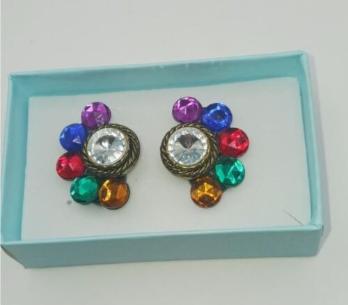Vintage Colorful Jewel tone, silvertone Clip on Earrings - $15.00