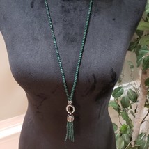 Womens Fashion Green Gemstone Black Druzy Crystal Tassel Necklace - £22.15 GBP