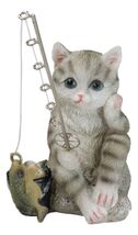 Lifelike Grey Tabby Cat Sitting by Pail of Fishes And Pole Fishing Figurine - $20.99