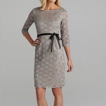 Alex Evenings Women Silver Gray Sparkle Lace Black ribbon belt Dress Size 12P - £33.89 GBP