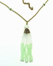 Vintage Iridescent White Seafoam Green Tassel Gold Tone Necklace 34&quot; Long - £9.49 GBP