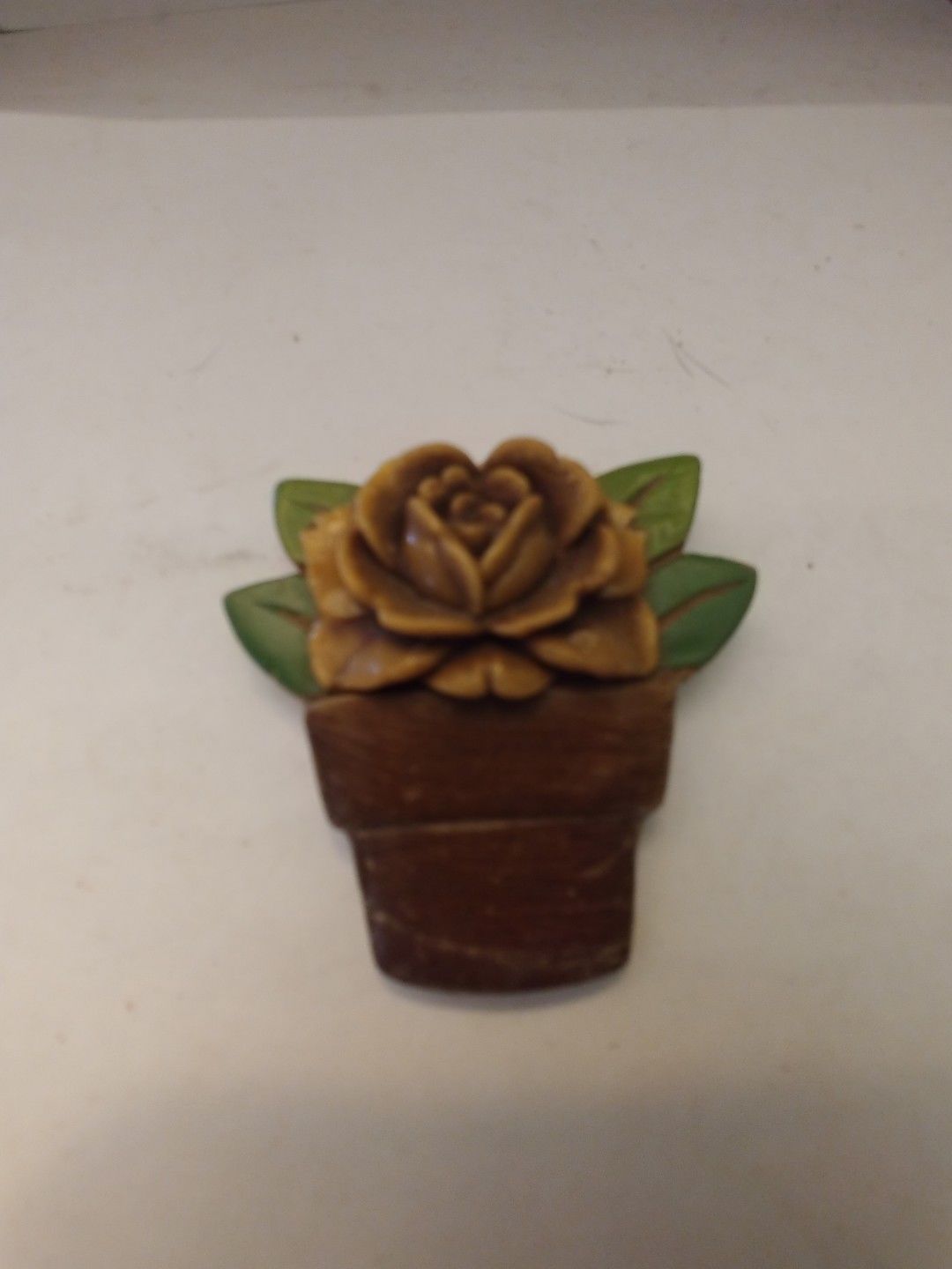 Wooden Flower Pot with Celloid Plastic Rose Brooch - $1.60