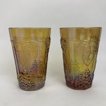 2 x Vintage Indiana Marigold Carnival Glass Harvest Grape Iridescent 4&quot; Tumblers - £14.15 GBP