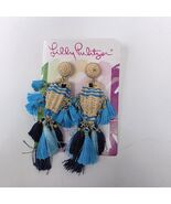 Lilly Pulitzer Waterside Tassel Statement Earrings Natural Wicker Blue T... - $539.69 MXN