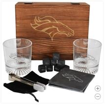 Denver Broncos Drinkware Set Glasses Wood Box Coasters Cooling Cubes NFL - €71,12 EUR
