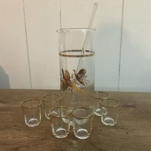 Vtg Martini Pitcher Glass Stirrer + Shot Glasses Pheasants West Virginia Glass - £18.34 GBP