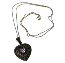 Pretty Sterling Heart Necklace Amethyst and Marcasite Openwork Silver Pendant - £67.25 GBP