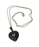 Pretty Sterling Heart Necklace Amethyst and Marcasite Openwork Silver Pe... - £65.79 GBP