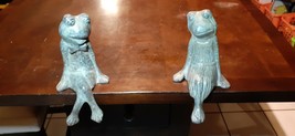 2 Heavy Large 9&quot; x 4&#39; Brass Frog (Pair) Shelf Sitter Figurine - $70.29