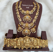 Bollywood Style Gold Plated Indian Necklace Hip Belt CZ Long Temple Jewelry Set - £114.25 GBP