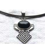 Sterling Onyx Pendant on Cable Link Omega Chain With Unusual Snap Clasp - £56.01 GBP