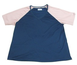 COLUMBIA Omni Shade Sun Protection T Shirt Blue Women&#39;s Large Pink Sleeve PFG - £10.16 GBP