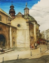 Old Town Painting Watercolour Architecture European Urban Cityscape Art Krakow  - £191.40 GBP