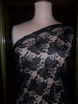 3.5YDS Black Lace Fabric Hand Beaded w/ Sparkling Iridescent Black Bugle Beads - £266.26 GBP