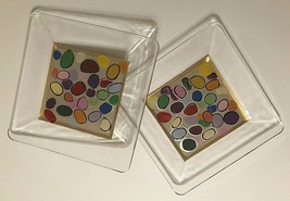 Set of 2 Clear Glass Fusing Rainbow Pebbles Dessert Salad Square Plate Vintage - £33.84 GBP