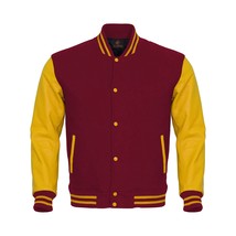 Varsity Jacket Letterman Jacket Maroon Body Yellow Leather Sleeves - $86.90+