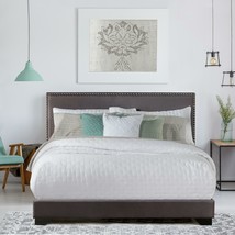 Queen Size Upholstered Bed Platform Frame Low Profile Dark Gray Nailhead Trim - £130.32 GBP