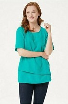 Joan Rivers Crinkle Texture Short-Sleeve Top with Hem Detail, Turquoise, Small - £13.48 GBP