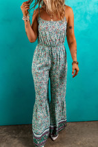 Green Bohemian Floral Ruffle Bottom Spaghetti Strap Jumpsuit - $339.34 MXN