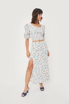 NASTY GAL Floral Puff Sleeve Top and Midi Skirt Co Ord Set in White (exp95) - £15.00 GBP