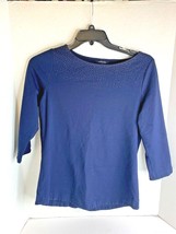 Lands End Womens Sz 10 12 Navy Blue 3/4 sleeve Top Shirt Bling Collar Embellishe - £9.33 GBP