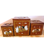 Vintage Japan Canister Box Wood Brown Lot Of 3 Square Imperial Fighting Roosters - $21.33