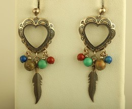 Vtg Sterling Silver Signed OTO Open Heart &amp; Eagle Feather Dangling Stud ... - £35.61 GBP