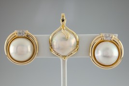 Fatto Perla E Diamante 14k Oro Giallo Orecchini &amp; Ciondolo Gioielli Set - £1,176.82 GBP
