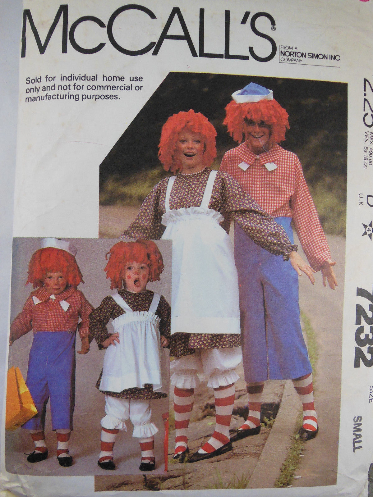 McCall's Pattern 7232 Raggedy Ann & Andy Costumes Misses Men Size Small Complete - $4.94