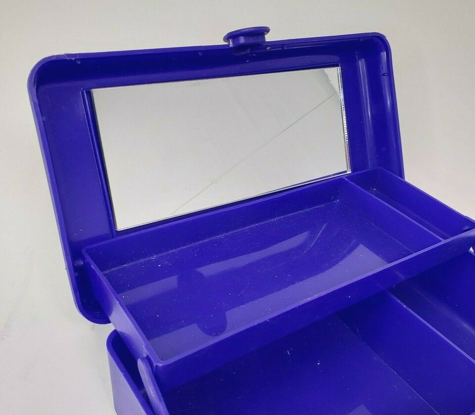 VINTAGE CABOODLES DARK BLUE SMALL MAKEUP STORAGE CASE W/ MIRROR & TRAY PLASTIC Item image 2