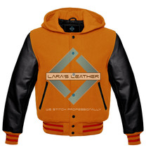 Top Letterman College Wool Varsity Jacket with Hood &amp; Black Real Leather Sleeves - £73.45 GBP+