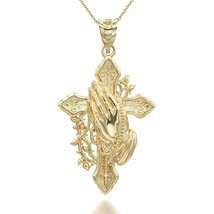 14K Solid Gold Cross with Praying Hands Pendant Necklace - Yellow, Rose, White - £212.23 GBP+