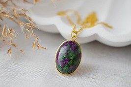 Ruby In Zoisite Gold Necklace Oval, Ruby Zoisite gemstone pendant, Green, Pink,  - £28.63 GBP