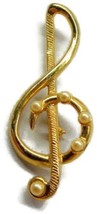 Costume Brooch 3 1/4&quot; Open Treble Clef Music Note Gold Tone Imitation Pearls Vtg - £11.92 GBP