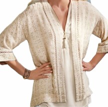 Soft Surroundings NWT Soft Cream &amp; Gold Glamour Open Topper Cardigan Sequins L - £26.37 GBP